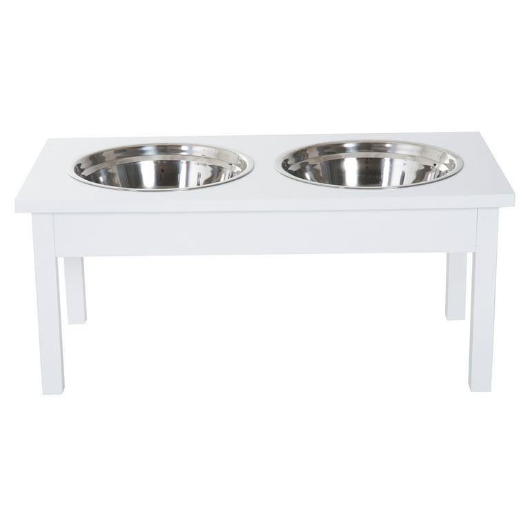 PawHut 17 Durable Wooden Dog Pet Feeding Station with 2 Included Food Bowls & A Non-Slip Base, White