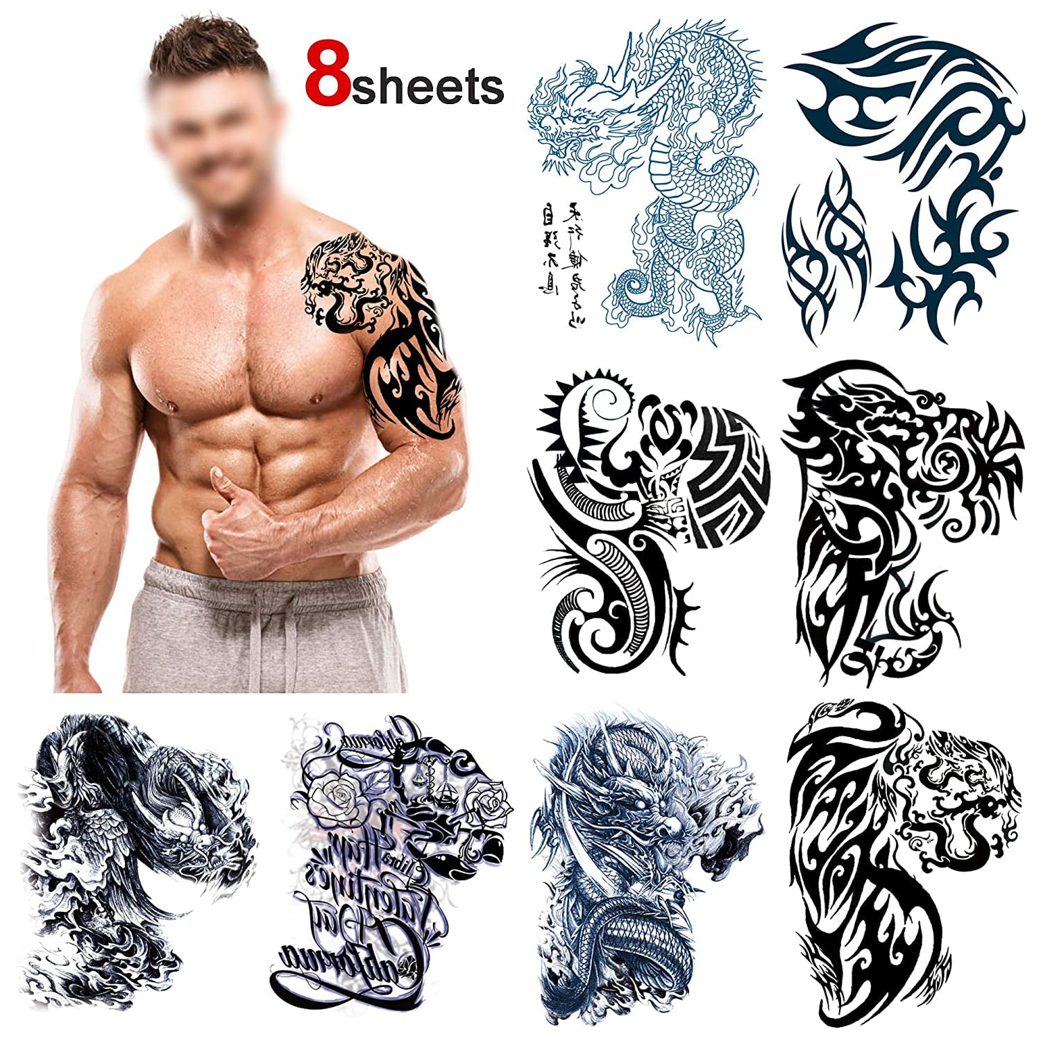 Large Temporary Tattoos Half Arm Chest Tattoo Men Tribal Totem Tattoo Make Up Body Art Sticker For Halloween Party Supplies Beach Pool Party Favor Decor Dress Up Costume Accessories 8sheets Walmart Com