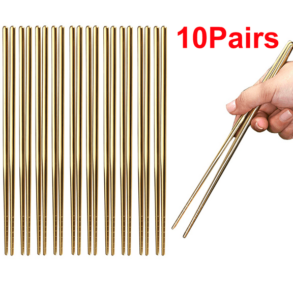 10 Pairs Reusable Chopsticks, Titanium Plating Stainless Steel Metal Chop Sticks, Japanese Chinese Korean Chopstick Dishwasher Safe, 8.9 Inch