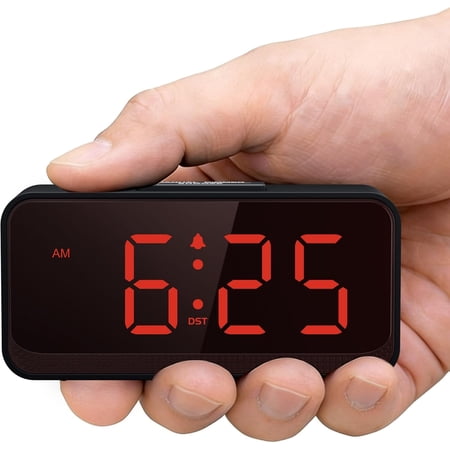 Battery Operated Small Alarm Clock: Digital Compact Large Display Cordless Clock for Bedroom Travel - Simple to Use for Seniors Teens Red Digits