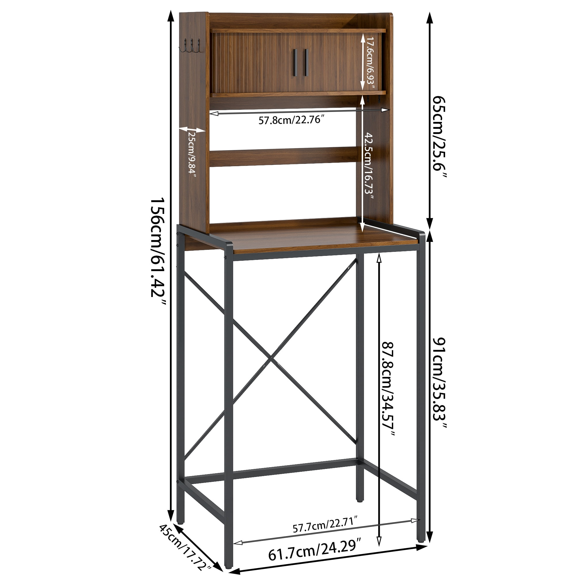 4-Tier Kitchen Bakers Rack with Mini Fridge Stand, Microwave Stand with 6 Hooks and Sliding Doors Storage for Kitchen, Dining Room, Walnut