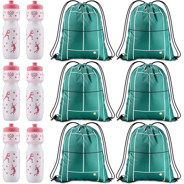 wonima44 Tennis Party Favors Tennis Water Bottle with Bags Bulk Drawstring Bag Gift Goodie Treat Bags 24 oz Water Bottle Cup for Team Theme Accessories Sports Party Supplies Gift