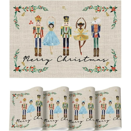 Nutcrackers Christmas Vinyl Placemats Set of 4, 12x18 Inch Wipeable PVC Woven Table Mats for Party Kitchen Dining Decor
