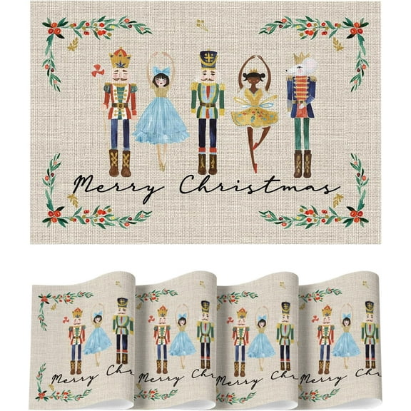 mubwai Nutcrackers Christmas Vinyl Placemats Set of 4, 12x18 Inch Wipeable PVC Woven Table Mats for Party Kitchen Dining Decor