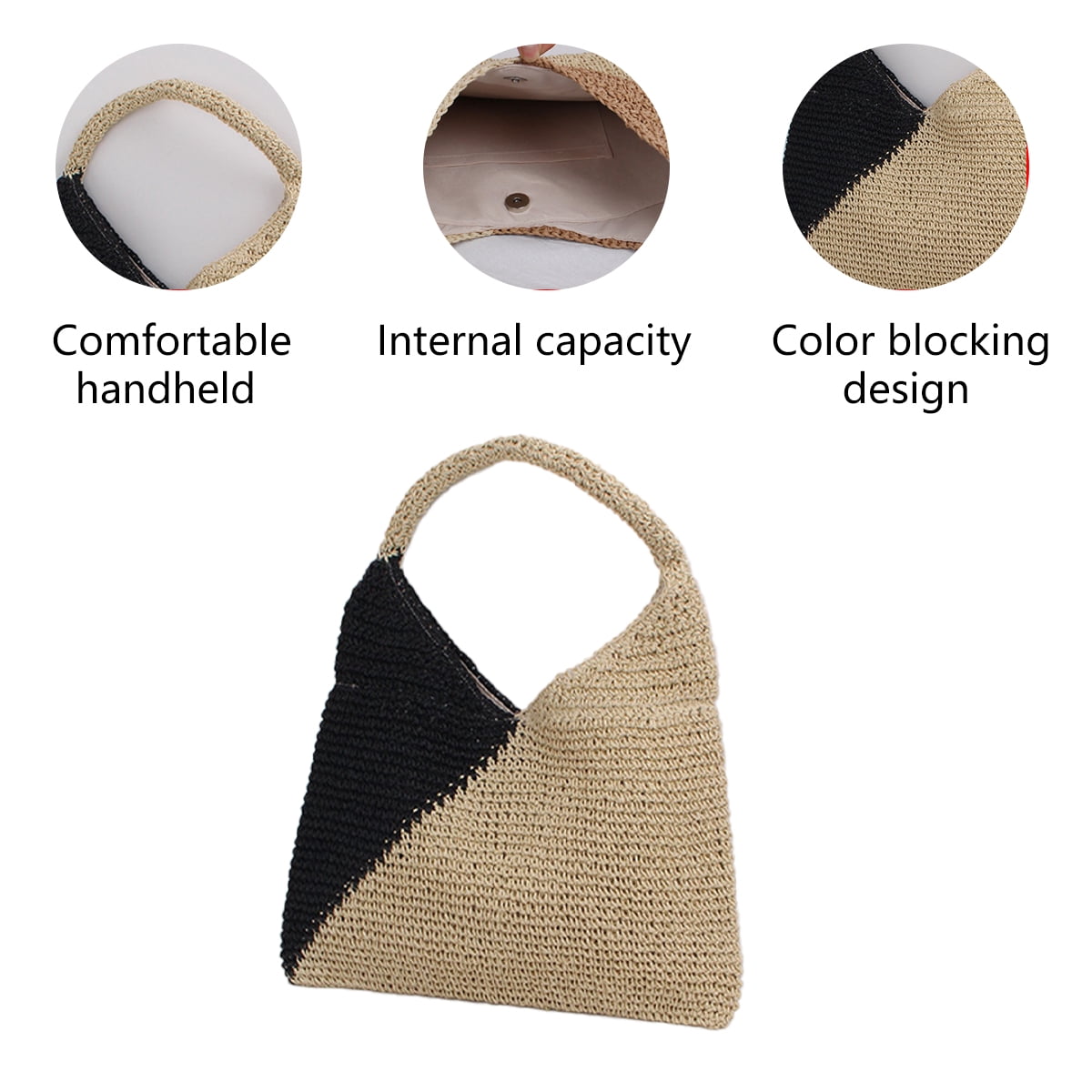 Straw Beach Bag, Summer Woven Tote Bag Large Shoulder Handbag Straw Purses and Handbags for Women - black