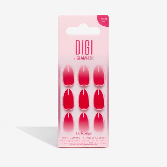 DIGI by Glamnetic Short Almond Artificial Press-on Nails, Le Rouge, 24 Pieces