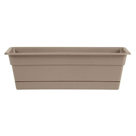 Bloem Dura Cotta Window Box Planter W/Tray 24 x 5.75 Plastic Rectangle Pebble Stone Beige DURA COTTA COLLECTION by Bloem: The Bloem Dura Cotta Rectangular Window Box Planter provides your plants with a healthy environment. Made with plastic  its construction enables long lasting utility. You can use this widow box in your garden to plant herbs  tomatoes  onions or peppers. The Dura Cotta Rectangular Window Box Planter by Bloem is rectangular in shape and allows excessive water to drain. Includes attached drainage tray. It is from the Dura Cotta collection and keeps your plants fresh. This window box is designed for maximum usage and is perfect for outdoor spaces. Color Beige/Khaki Shape Rectangle Material Plastic Resin. High-Density Polyethylene (HDPE) #2 & Polypropylene (PP) #5.