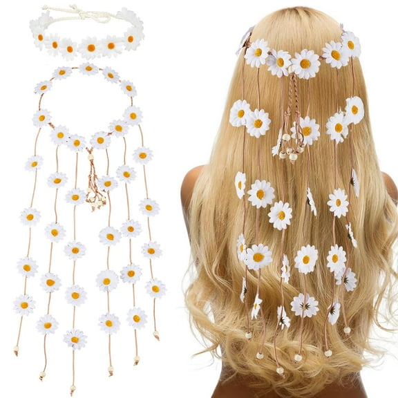 2 Styles Daisy Flower Crown Headbands Floral Boho Crown with Tassel White Hair Wreath Headbands Adjustable Headpiece Hair Accessories for Women Girls Bridal Prom Wedding Party