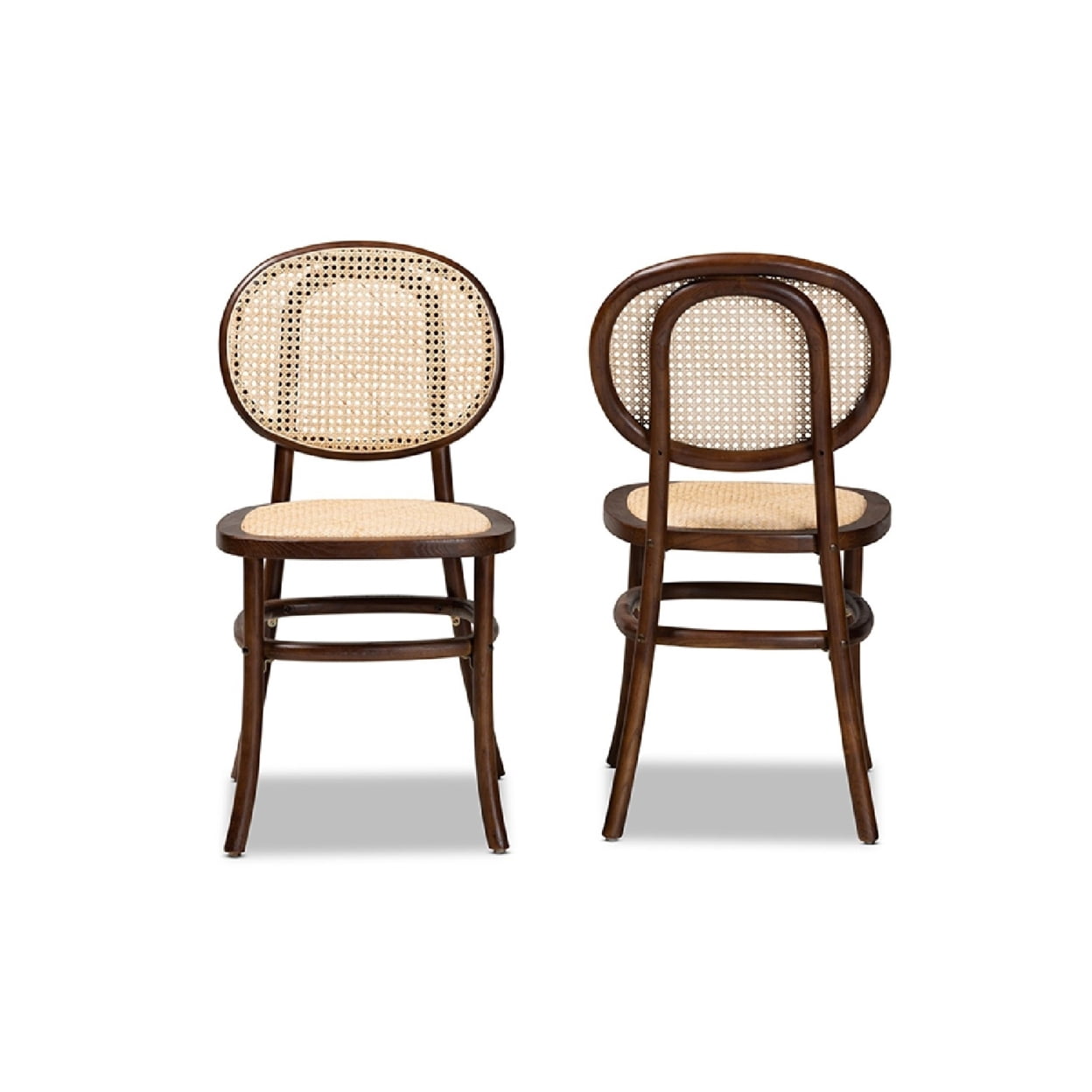 Baxton Studio Garold Mid-Century Modern Brown Woven Rattan and Walnut Brown Wood 2-Piece Cane Dining Chair Set