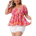 thumbnail image 1 of Blusas de verano casuales para mujer de talla grande Agnes Orinda, con estampado floral, escote en forma de corazón, mangas cortas y dobladillo con volantes, 2X, color naranja y rosa, 1 of 6