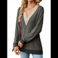 thumbnail image 1 of Blusas de Otoño para Mujer, con Escote en V, Encaje, Larga, Holgadas, con Ribete de Bloques de Color, Moda 2025 Gris Oscuro M, 1 of 10