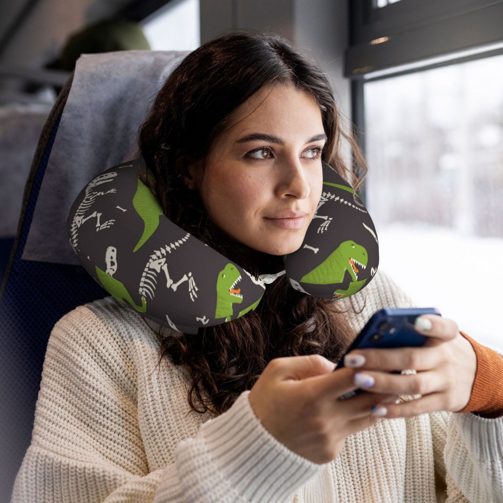Xecao Dinosaur Skeleton Print Memory Foam Cervical Neck Pillow Versatile U-Shaped Pillows for Home,Office,Camping,Travelling,Soft Washable Cover