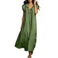 thumbnail image 4 of Efsteb womens sundresses sleeveless Fly Sleeve V-Neck Ruffle Trim Maxi Dress Solid Color Casual Loose Dresses with Pockets for Beach Vacation (Army Green,XXL), 4 of 8