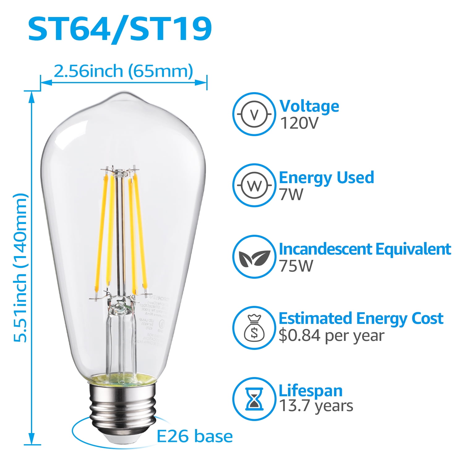 TORCHSTAR 12 Pack ST64/ST19 LED Bulb, Dimmable, 7W(75W Equivalent), Vintage Edison Filament Light Bulb, E26 Medium Base, Intdoor Decorative Light, 2700K Soft White