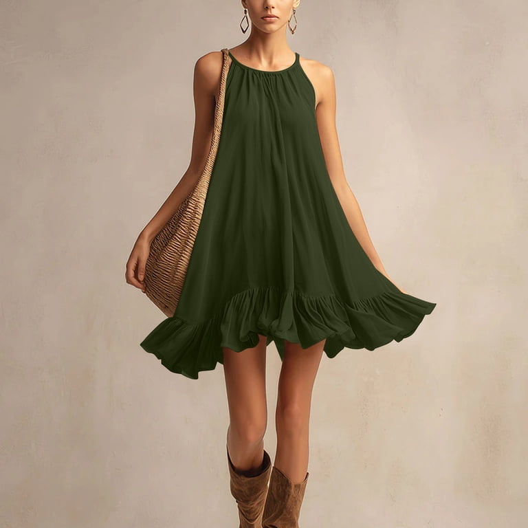 halter neck ruffle a-line mini dress Zpzdpjkx Womens Summer Halter Neck Ruffle Hem Mini Dress, Sleeveless Casual  A-Line Summer Dresses for Women