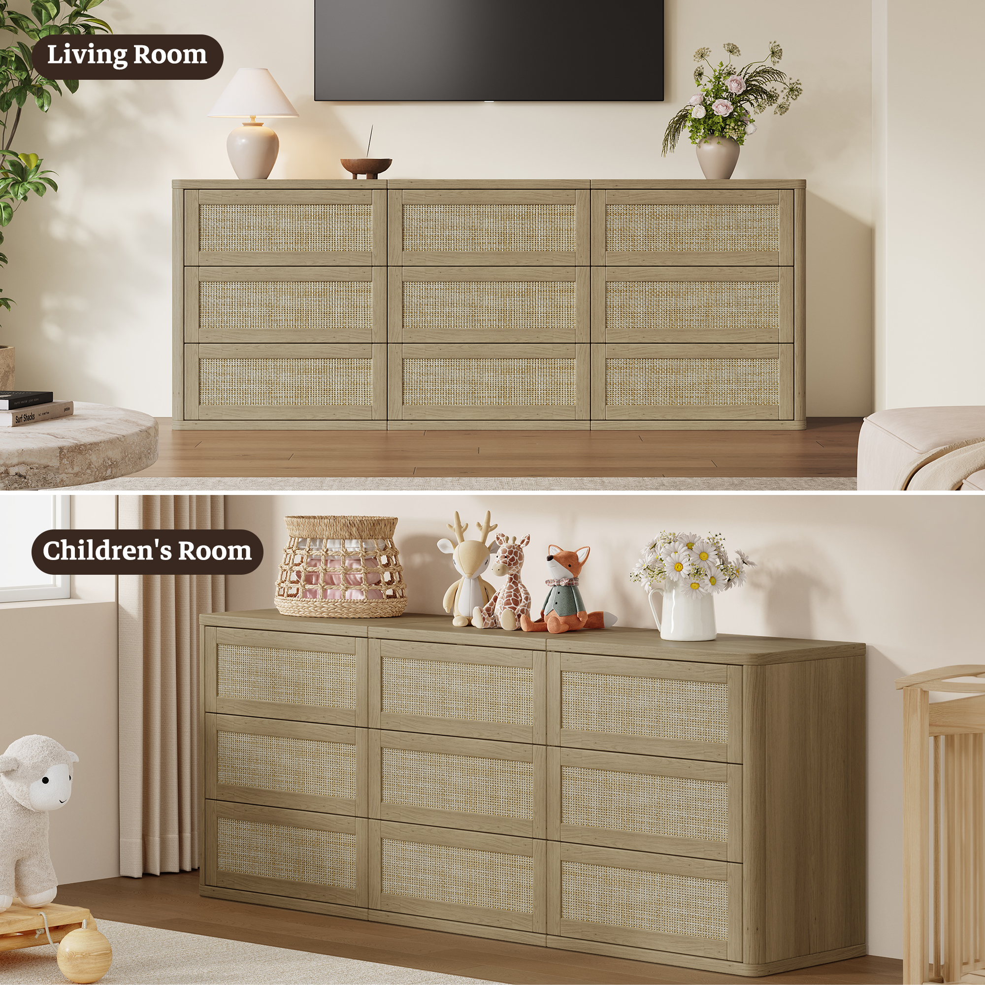 SICOTAS 103.4" Wide 12 Drawer Modular Rattan Dresser,Extra Long Dresser with Rattan Chric & Pop-up Drawers for Bedroom Living Room, Amber Oak