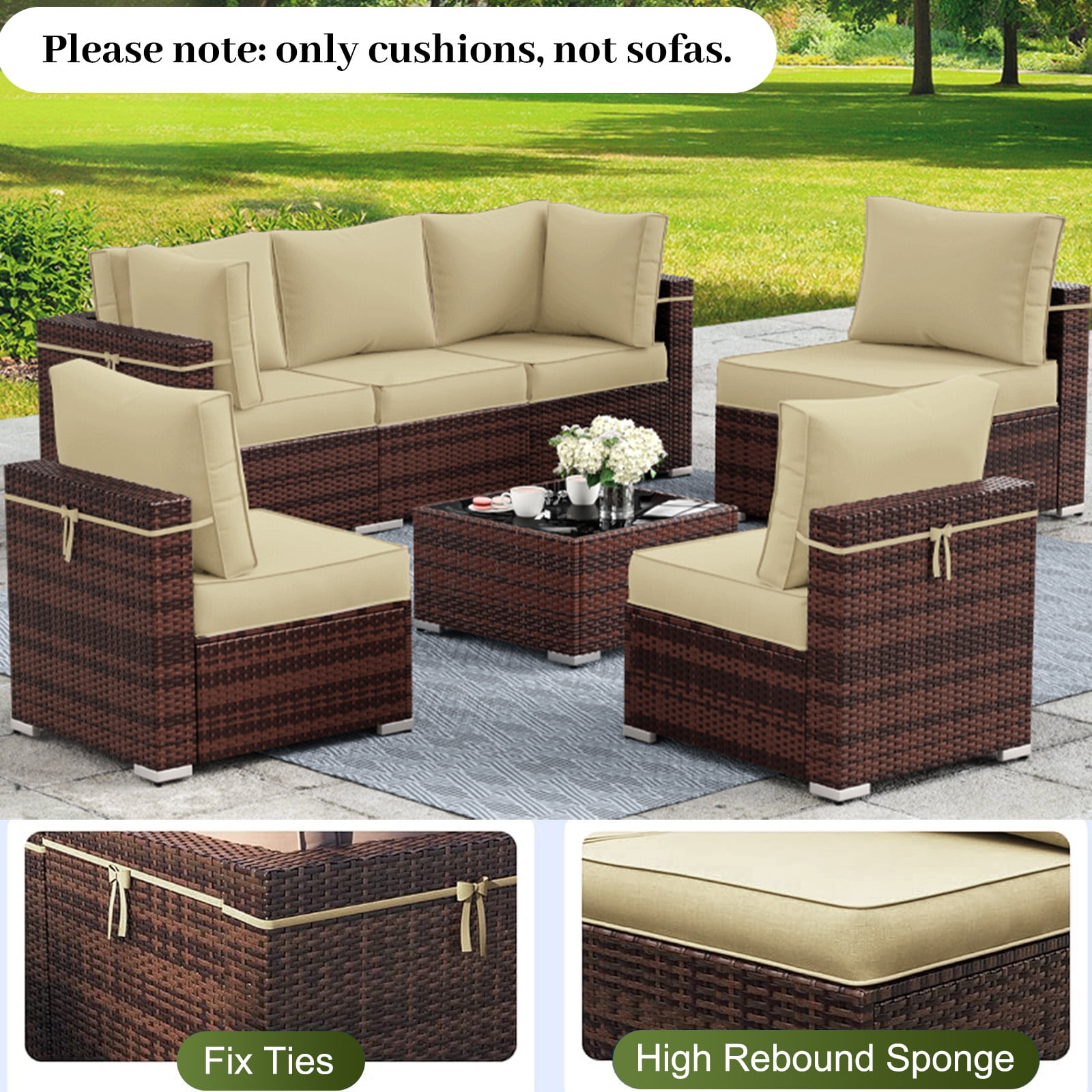 PUKNLY Outdoor Furniture Replacement Cushions, Fits 6-seat Sectional Rattan Conversation Set, 14 Piece Patio Water-Resistant Replacement Sofa Cushions, Liner&Cover（Beige）
