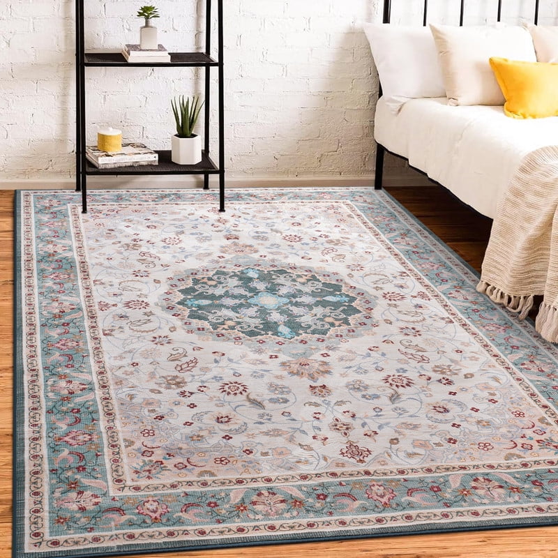 Jamfeel Area Rugs Vintage Floral Printed Washable Non-slip Carpets Foldable Thin Low Pile Rug for Living Room Bedroom 5'x8' Green