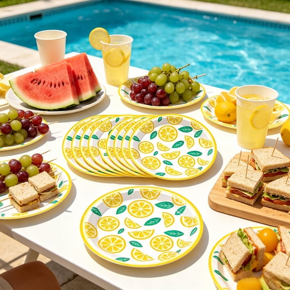 Lemon Themed Disposable Tableware - Party Supplies for Summer BBQ Picnic Birthday Wedding Indoor Outdoor Gathering Decor Set