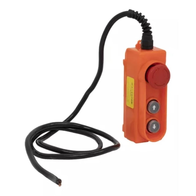 control botonera polipasto para grua 110-220v kingsman 300498 control alámbrico anaranjado con pulsador de emergencia giratorio rojo y dos botones de subida y bajada; carcasa ABS rectangular (5.5x8.5x15.5 cm) con cable flexible, diseñado para manejo de polipastos y grúas; adecuado también para pruebas o mantenimiento temporal de sistemas de elevación.