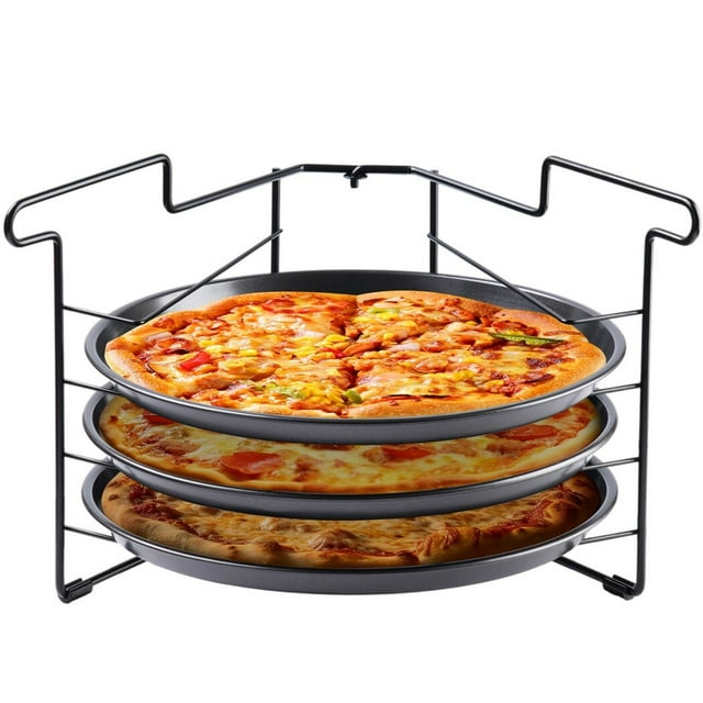 Pizza Pan and Rack Set, Pizza Baking Set for Oven, 3 Pizza Pans and Pizza Rack, 11.4-inch Non-stick Pizza Tray, Round Serving Tray with Foldable Rack for Pies, Roast Chicken, Bread, Seafood