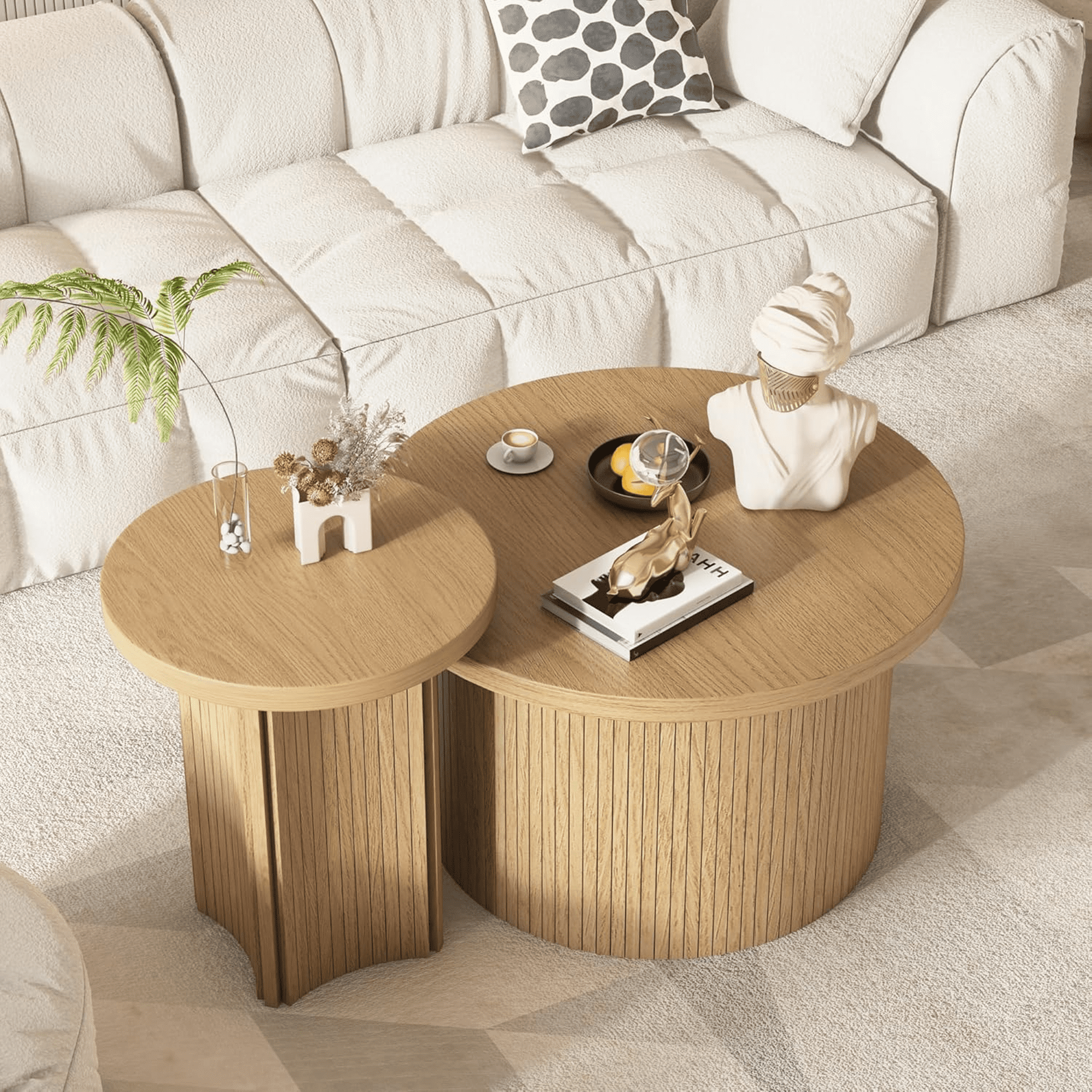 Modern Nesting Coffee Table Set of 2, Wood Round Table for Living Room Bedroom Balcony