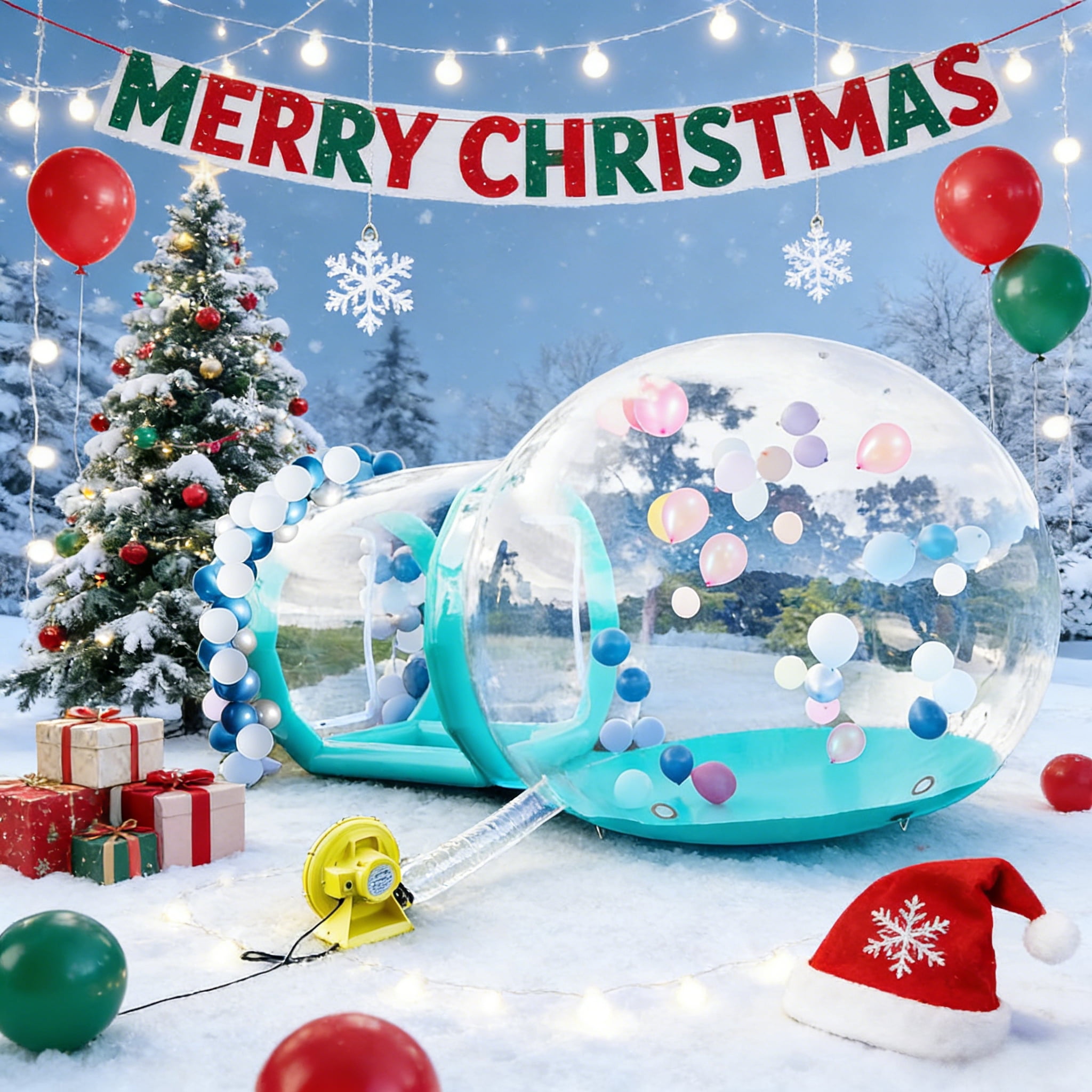 Vakiorn Cyan Inflatable Bubble House 10 ft Clear PVC Dome with Tunnel and Air Pump Kids Playhouse for Yard Party Decoration