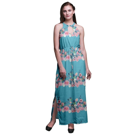 Bimba Floral Women Printed Crew Neck Side Slits Halter Dress Long Evening Gown-Large