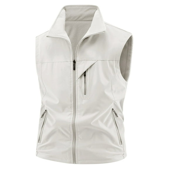 COSFO Fleece Vest for Men Casual Full Zip White Jacket Sleeveless Stand Colla with Pockets Slim Fit Mens Jacket