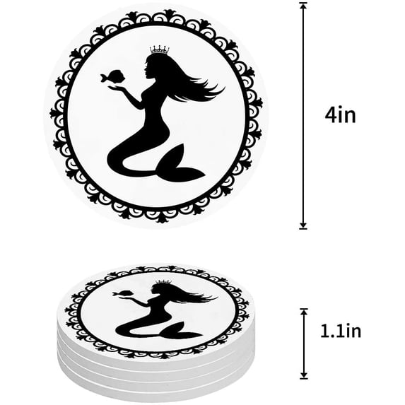 FMSHPON Mermaid Set of 6 Round Coaster for Drinks, Absorbent Ceramic Stone Coasters Cup Mat with Cork Base for Home Kitchen Room Coffee Table Bar Decor