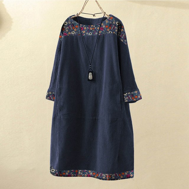Styesk Robes pour Femmes Grande Taille Mode Femmes Manches Longues Velours Côtelé Imprimé Poches Robe Décontractée