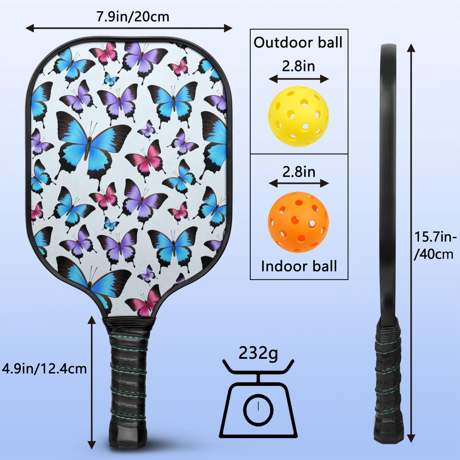 Pickleball Paddles Set Of 2, Fiberglass Surface, Vintage Floral & Butterfly, 4 Balls & Bag