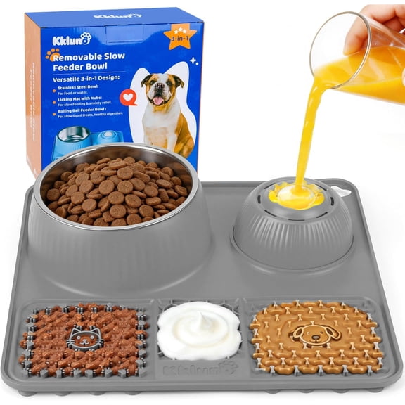 Dog Lick Bowl with Rolling Ball for Liquid and Thick Treat—3 in 1 Slow Feeder Dog Bowls Lick Mat 50oz Stainless Steel Food Bowl,Anti-Slip 5/6 Cup Licking Toy for Medium Large Dogs and Cats Grey