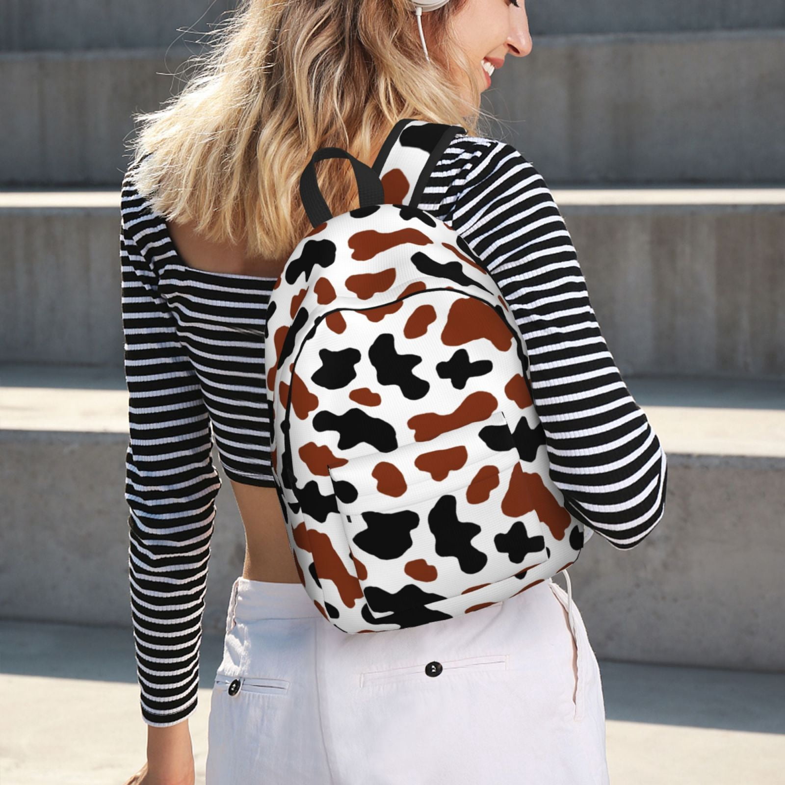 Picia Brown Black Cow Printed Canvas Daypack - Stylish and Durable Vintage Compact Backpack - Class, Work, Travel, or Laptop Bookbag,Organized Compartments-Medium