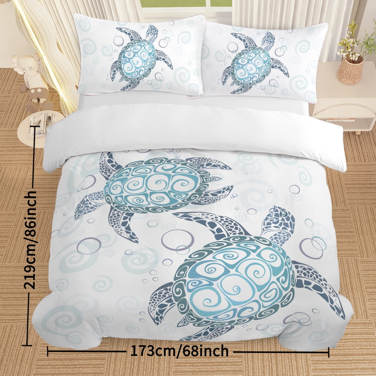 Sea Turtle Bedding Aqua Teal Blue Duvet Cover Sets Beach Turtle Bed Sets Ocean 3 Piece Turtle Themed Comforter Cover with 2 Pillowcases