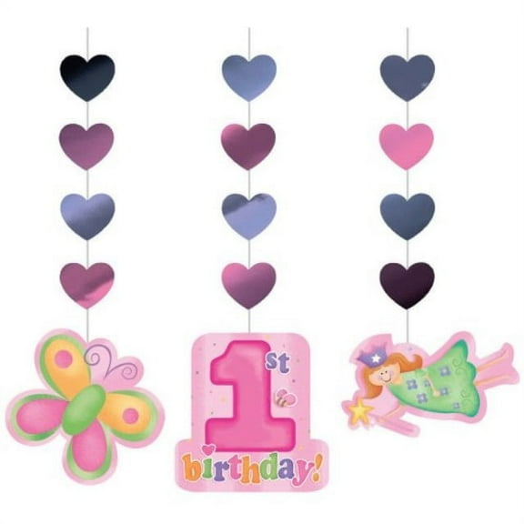 hanging party decorations, fun at one happy first birthday girl