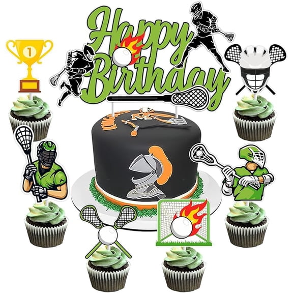 Lacrosse Cake Cupcake Toppers for Boys, Green Lacrosse Birthday Party Decorations Happy Birthday Cake Cupcake Topper for Boy Sport Theme Birthday Party