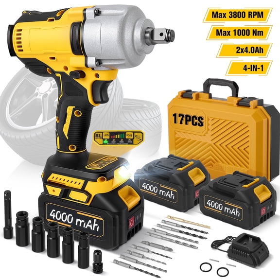 RELOIVE 1/2" Cordless Impact Wrench, Max Torque 737.562 ft-lbs(1000 N.m),3800 RPM Brushless Motor, 2 x 4.0Ah Batteries, 3 Speed Modes with Stepless Adjustment, Power Impact Wrench for Home, Car, Tire