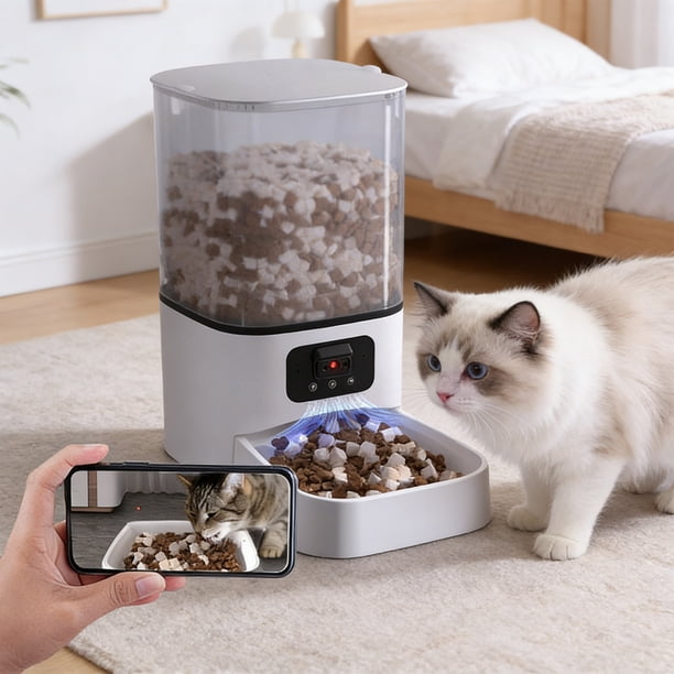 Comedero automático para perros y gatos: dispensador de comida inteligente con temporizador, control de porciones y videovigilancia.