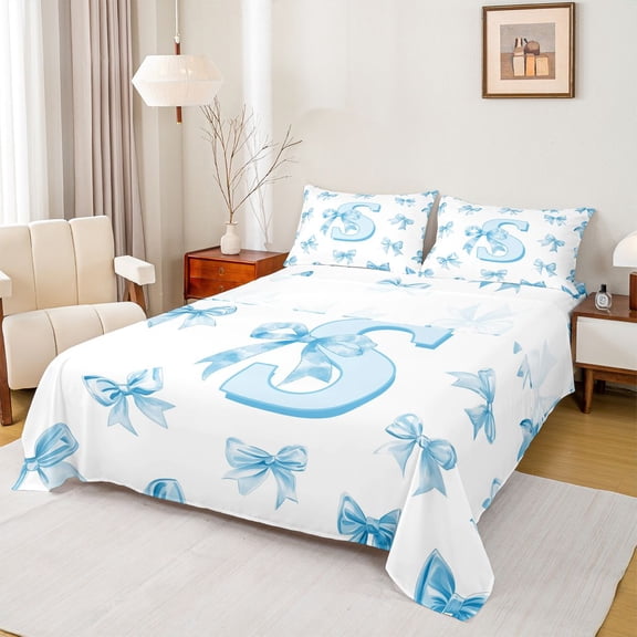 Homewish Blue Bowknot Letter Twin Sheet Sets for Girl, Kawaii Initial S Letter Twin Fitted Sheet, Cartoon Princess Style Flat Sheet, Ultra Soft Bedroom Decor, 3 Pieces