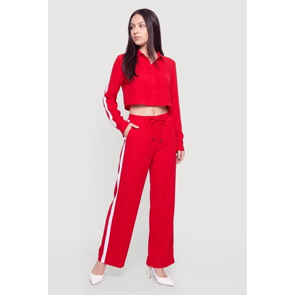 Women's Contrast Trim Drawstring Waist Wide Leg Pants with Pintuck Detail