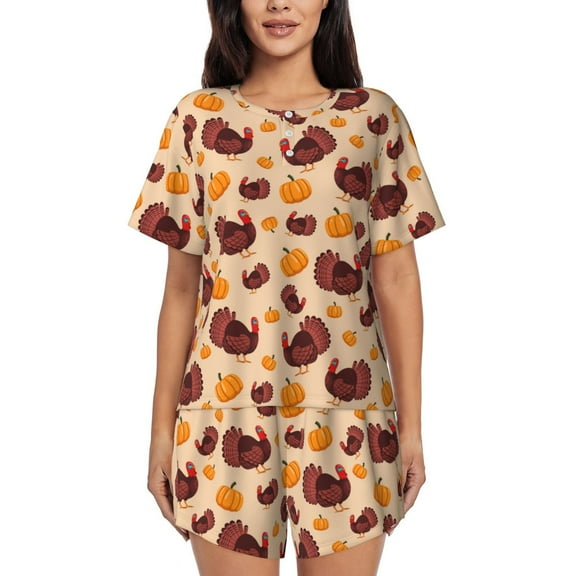 Logiee Thanksgiving Turkey and Pumpkin Print Womens Pajamas Set,Short-Sleeve Pajama 2 Piece Sleepwear with Pockets-Small