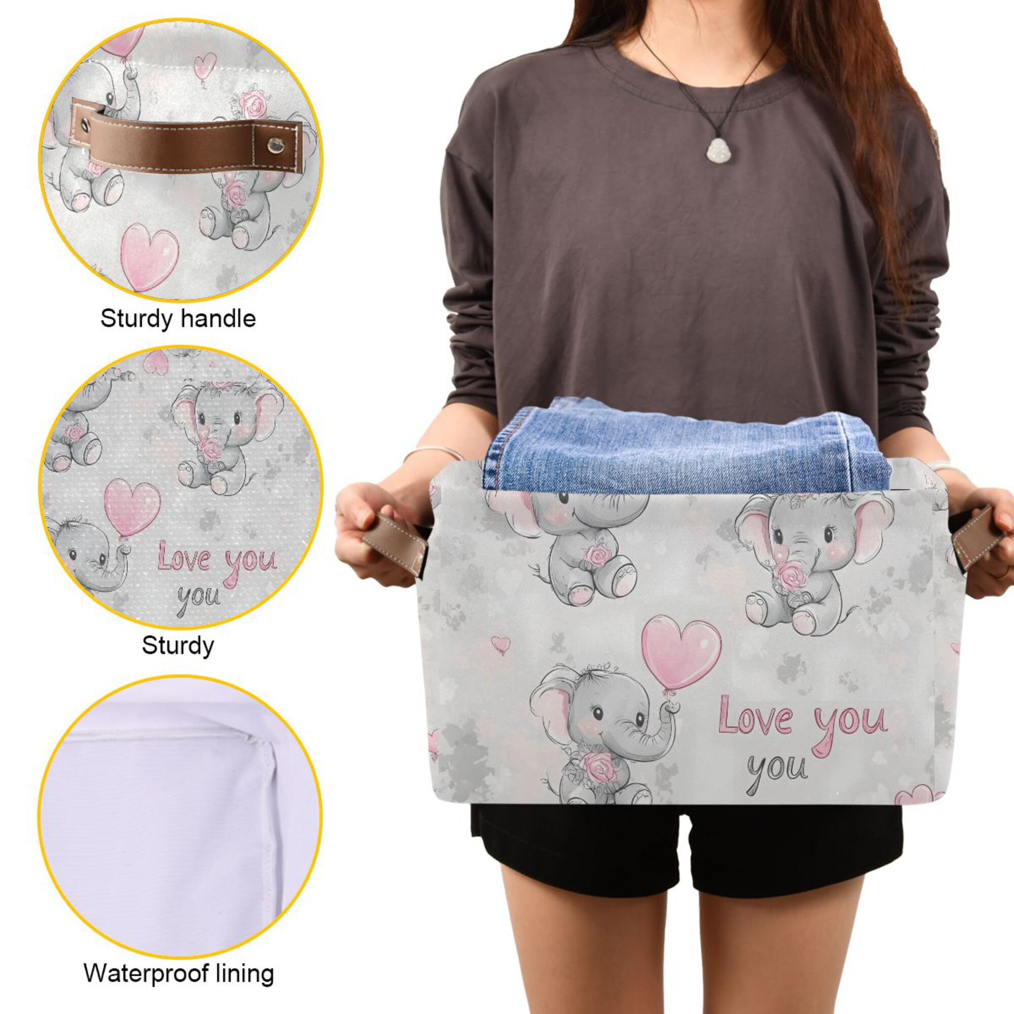 Yayeee Canvas Storage Basket with Handles for Shelves Fabric Bins Closet Organizer, Cartoon Elephant