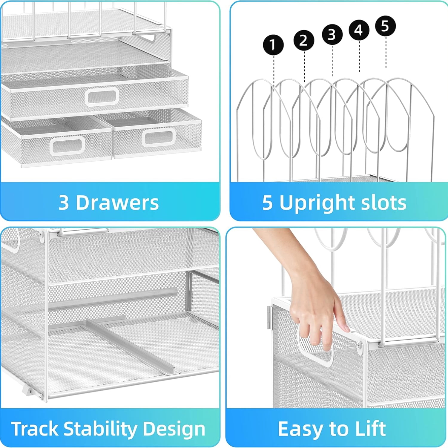 INTIGE 3 Tier Metal Desk Organizer with 3 Sliding Drawers, 5 Upright Sections, File Organizer, White