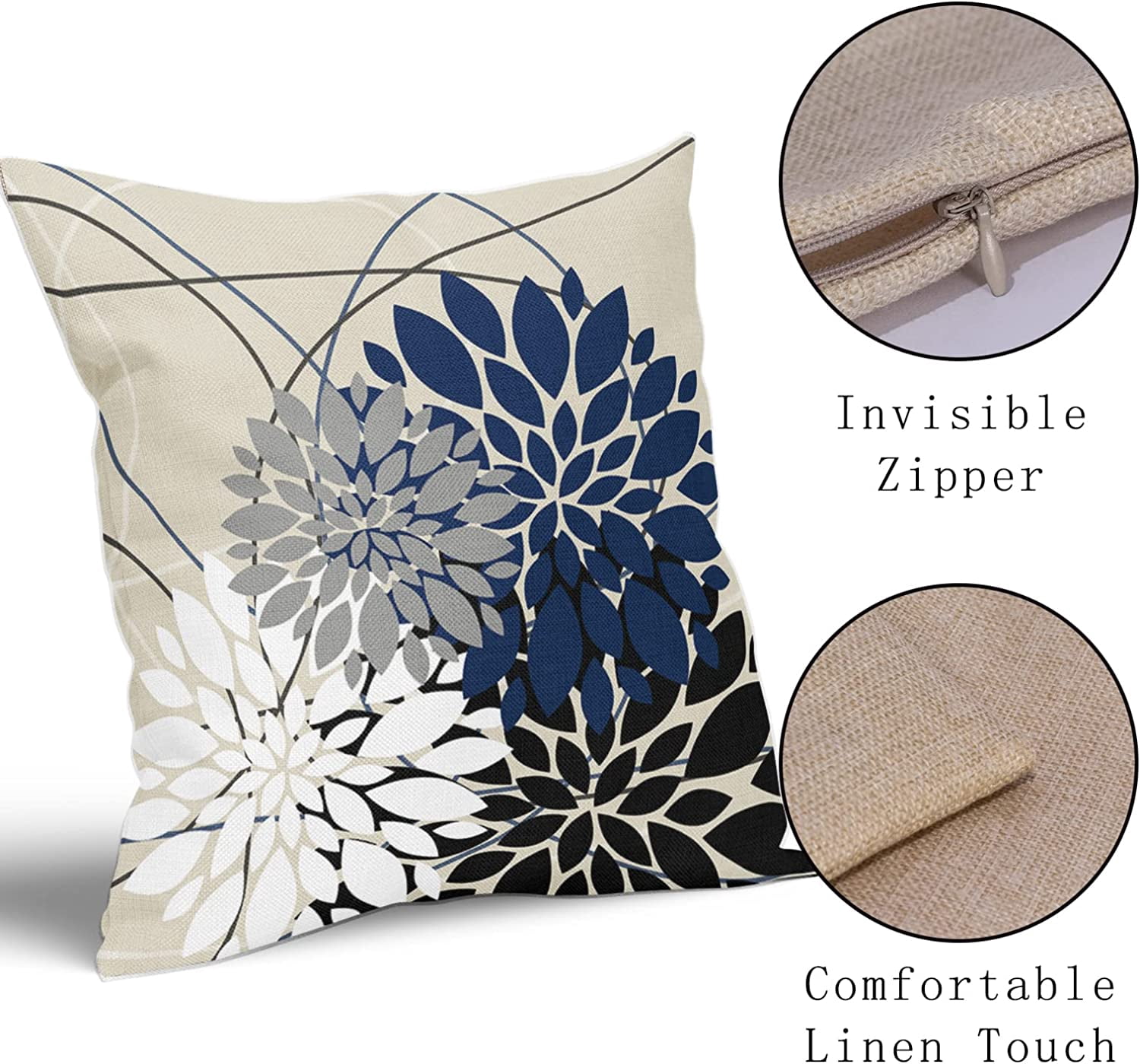 Black Blue Pillow Covers 18x18 Inch Dahlia Flower White Gray Elegant Colored Throw Pillows Farmhouse Outdoor Decor for Home Living Room Sofa Couch Bed Modern Floral Linen Square Cushion Case, Set of 2