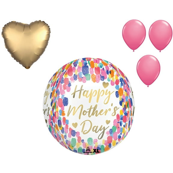 LOONBALLOON Mother's Day Theme Balloon Set, 16 Inch Orbz Mother's Day Colorful Watercolor Balloon, Heart Shape and 3x Latex Balloons