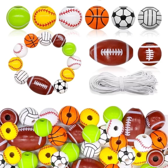 Biobubana Sports Ball Wooden Beads, 64 Pieces, Includes Baseball, Football, etc