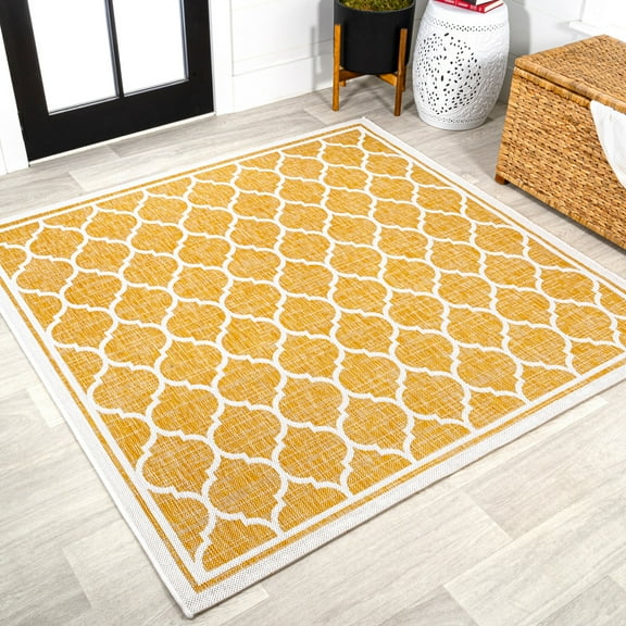 JONATHAN Y SANTA MONICA 5' Square Area Rug, Trebol Moroccan Trellis Textured Weave - Yellow/Cream, SMB109F-5SQ