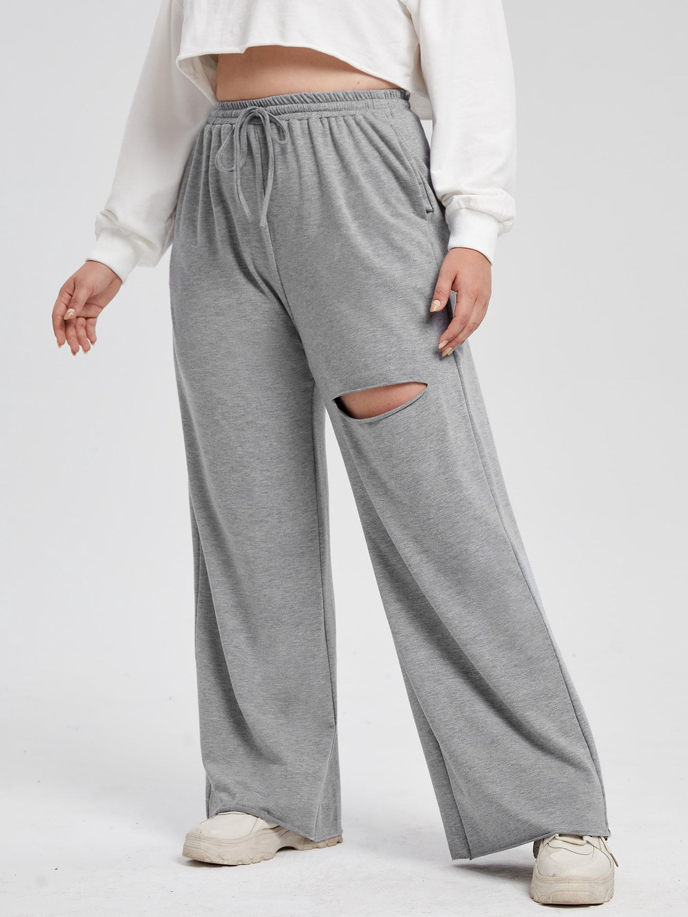Women's Plus Drawstring Ripped Wide Leg 