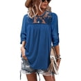 thumbnail image 1 of Jersey de mujer Top empalme de encaje plisado manga 3/4 cuello redondo blusa transpirable para mujer dama azul L, 1 of 6